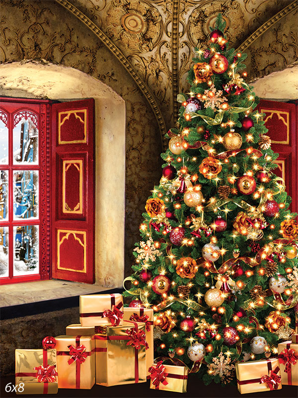 Vintage Christmas Elegance Photography Backdrop - Vintage-inspired Christmas photography backdrop with an elegant tree, ornate walls, and a red-framed window, ideal for holiday photoshoots.