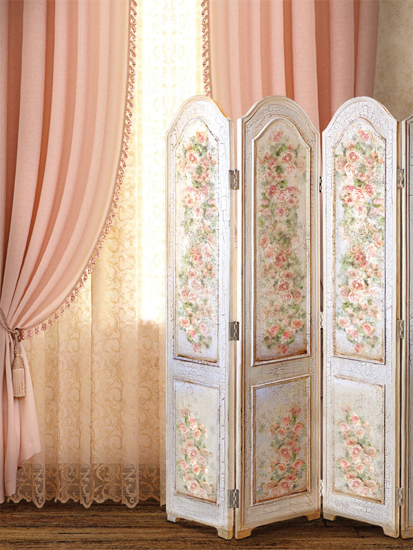 Vintage Floral Folding Screen Photography Backdrop - Vintage floral folding screen photography backdrop with soft pink, cream, and white tones, perfect for elegant and romantic photoshoots.