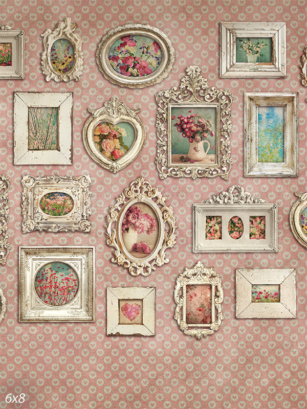 Vintage Floral Frames Photography Backdrop - Photography backdrop featuring vintage-style frames with floral artwork on a soft pink background, ideal for vintage or romantic-themed photoshoots.