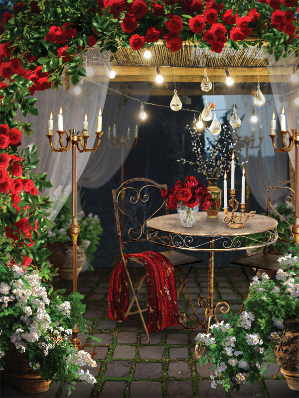 Vintage Floral Garden Photography Backdrop - Romantic floral garden photography backdrop featuring red roses, a vintage table, and soft lighting.