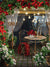 Vintage Floral Garden Photography Backdrop - Romantic floral garden photography backdrop featuring red roses, a vintage table, and soft lighting.