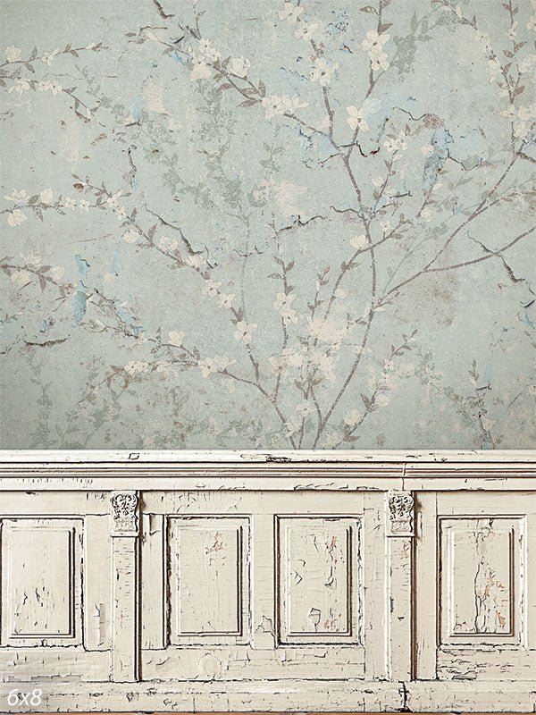 Vintage Floral Panel Photography Backdrop - Vintage floral photography backdrop with distressed cream paneling and faded blue-green floral designs.