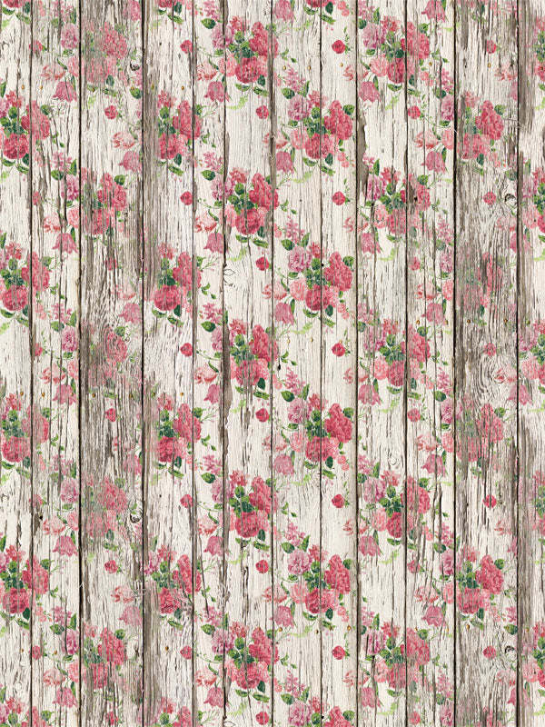 Vintage Floral Rustic Wood Photography Backdrop - A vintage floral photography backdrop featuring rustic wood panels with pink roses for a countryside-themed photoshoot.