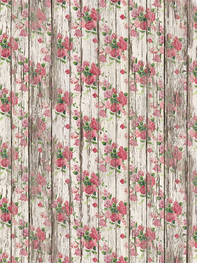 Vintage Floral Rustic Wood Photography Backdrop - A vintage floral photography backdrop featuring rustic wood panels with pink roses for a countryside-themed photoshoot.