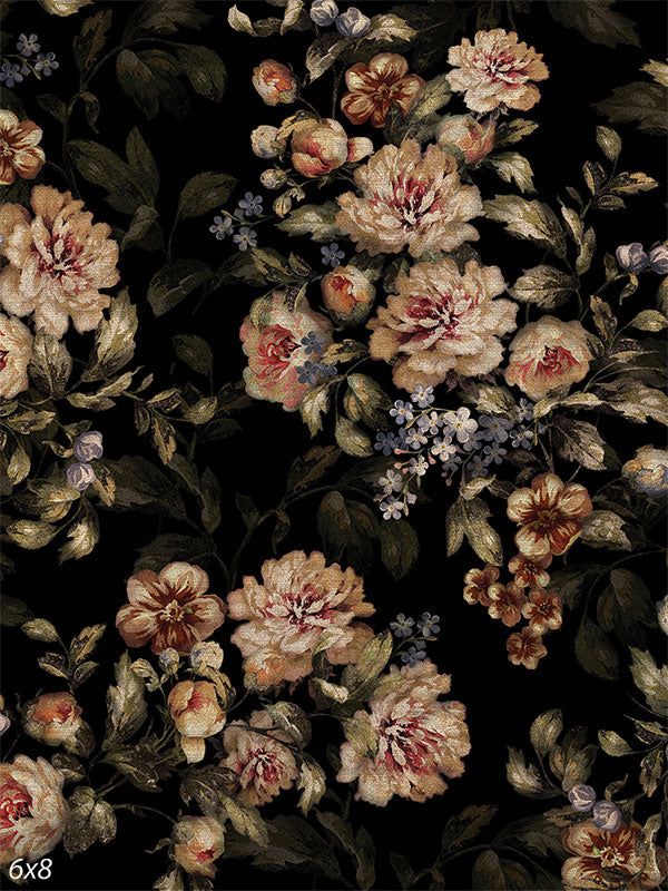 Vintage Floral Tapestry Photography Backdrop - Elegant vintage floral photography backdrop with detailed flowers on a black background.