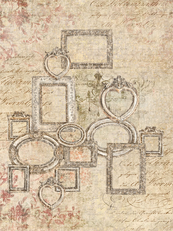 Vintage Frames and Script Photography Backdrop - Vintage frames and script photography backdrop with ornate frames and floral motifs on a distressed beige background, ideal for portraits and wedding photoshoots.