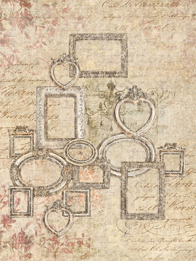 Vintage Frames and Script Photography Backdrop - Vintage frames and script photography backdrop with ornate frames and floral motifs on a distressed beige background, ideal for portraits and wedding photoshoots.