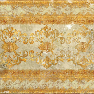 Vintage gold Baroque photography backdrop with intricate scrollwork and a distressed finish for classic and elegant photoshoots.