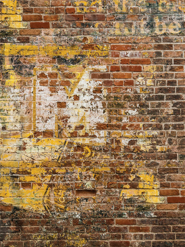 Vintage Graffiti Brick Wall Photography Backdrop - Photography backdrop featuring a vintage brick wall with faded graffiti and distressed textures, ideal for adding an urban, artistic touch to photoshoots.