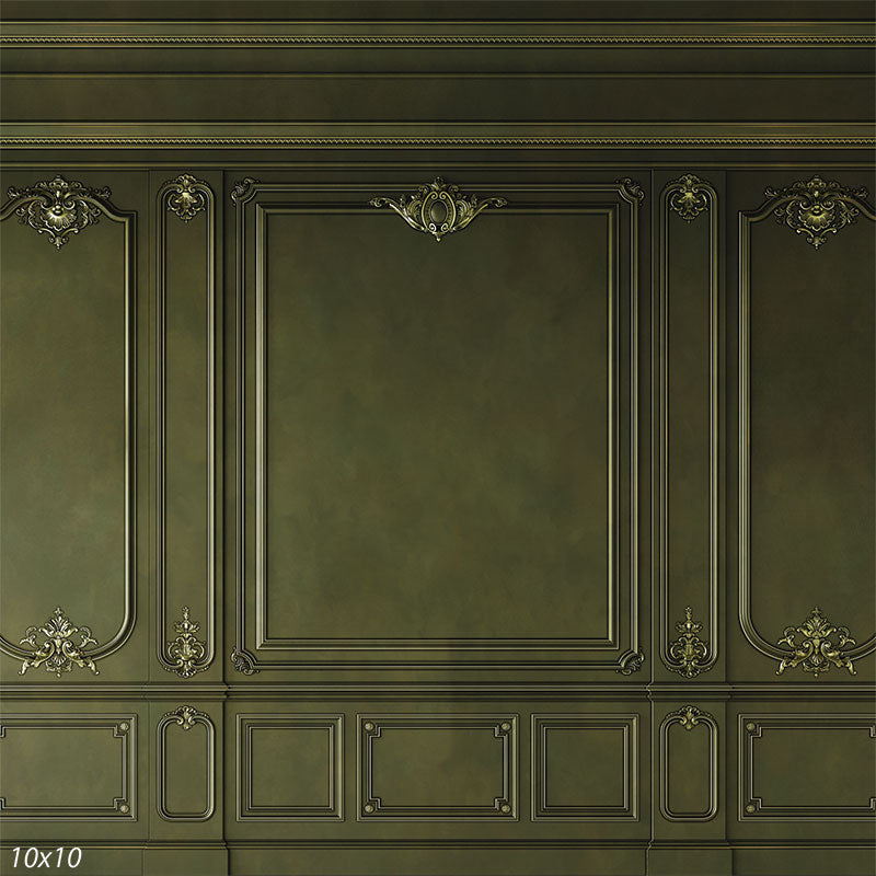 Photography backdrop featuring a deep green panel design with intricate gold detailing, perfect for classic portrait photography.