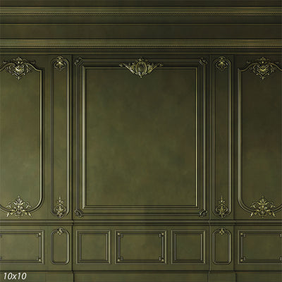 Photography backdrop featuring a deep green panel design with intricate gold detailing, perfect for classic portrait photography.