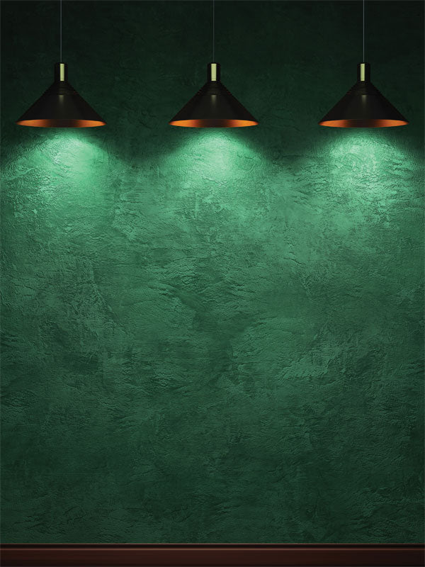 Vintage Green Wall with Pendant Lights Photography Backdrop - Photography backdrop featuring a textured green wall and hanging pendant lights, ideal for moody and modern photoshoots.