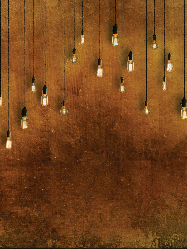 Vintage Hanging Lights Photography Backdrop - Photography backdrop featuring hanging Edison-style light bulbs against a brown, textured background, perfect for warm, moody photoshoots.