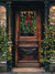 Vintage Holiday Doorway Photography Backdrop - Festive holiday photography backdrop featuring a vintage wooden doorway with a Christmas wreath and twinkling Christmas trees.