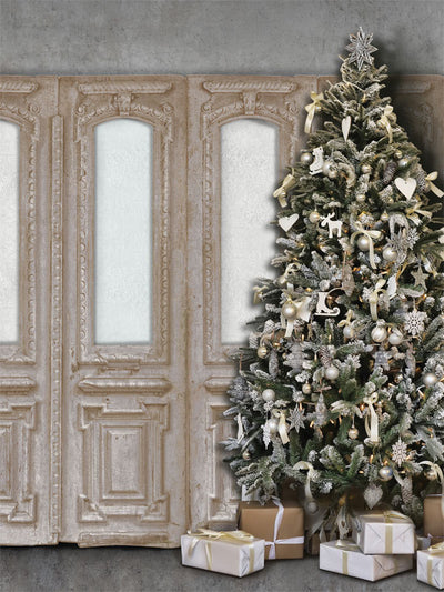 Vintage Holiday Elegance Photography Backdrop - Christmas tree with silver and gold decorations beside vintage frosted glass doors for festive photography backdrop.