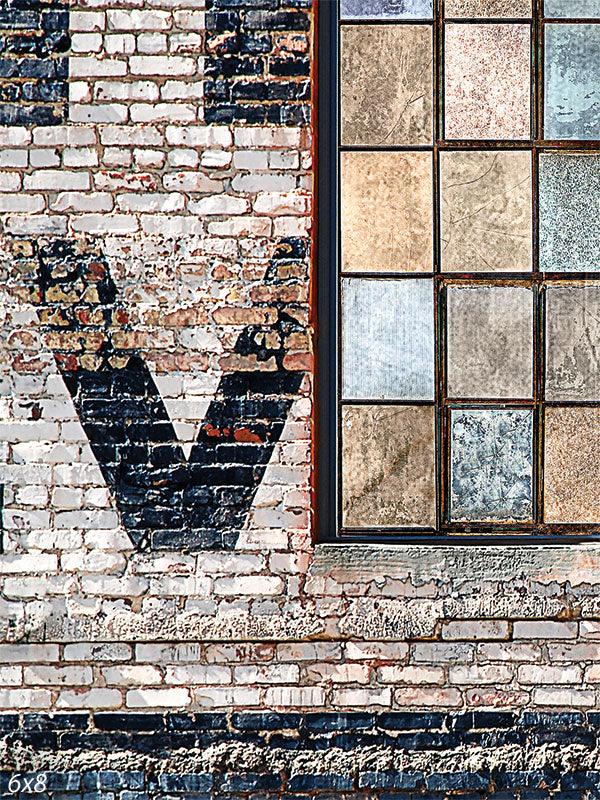 Vintage Industrial Brick Wall with Window Photography Backdrop - Vintage brick wall with a distressed multi-pane window photography backdrop.