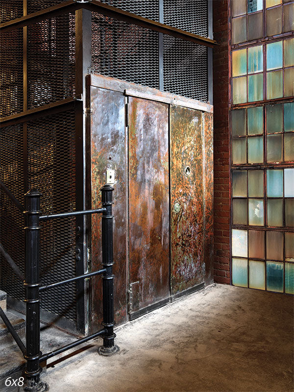 Vintage Industrial Elevator Backdrop - Vintage industrial elevator door photography backdrop with rusted metal and muted glass accents.