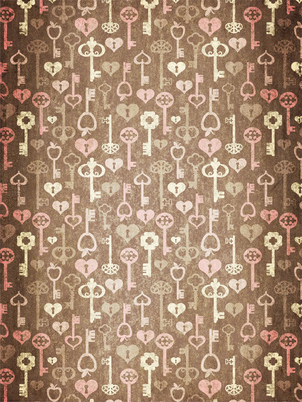 Vintage Keys & Hearts Backdrop - Vintage keys and hearts pattern backdrop in sepia tones, perfect for romantic photography sessions.
