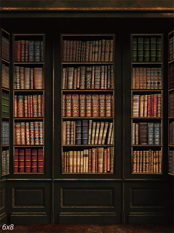 Vintage Library Bookshelf Photography Backdrop - A dark wood vintage library bookshelf photography backdrop filled with an array of colorful, leather-bound books.