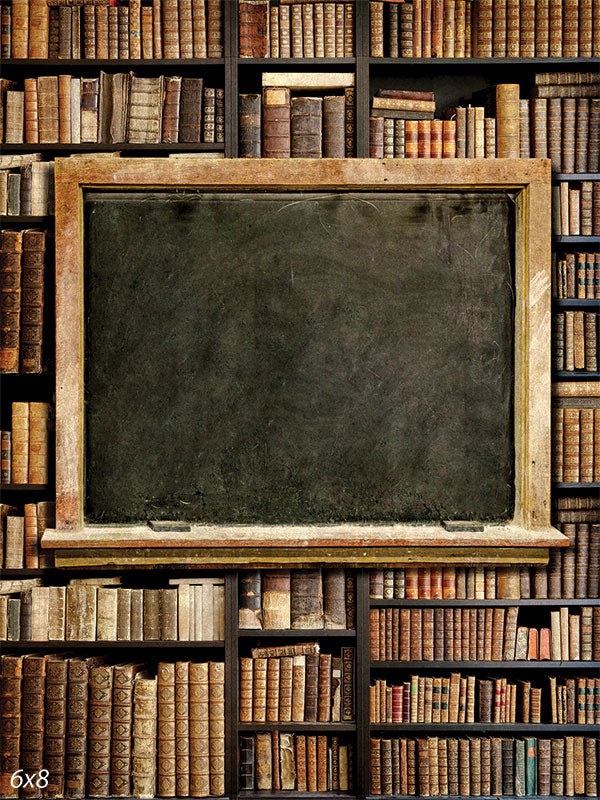 Vintage Library Chalkboard Photography Backdrop - Photography backdrop featuring a vintage chalkboard surrounded by antique books on shelves.