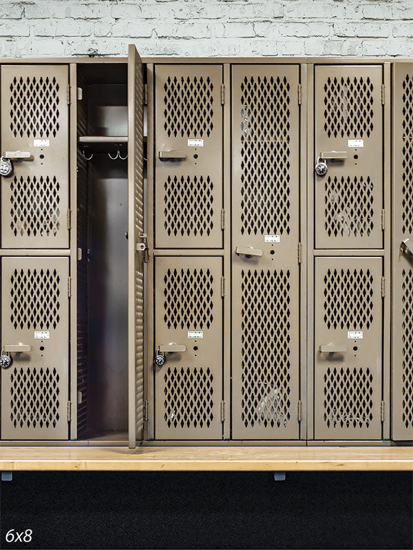 Vintage Locker Room Photography Backdrop - Photography backdrop featuring a row of vintage metal lockers with an open locker, perfect for sports-themed and nostalgic photoshoots.