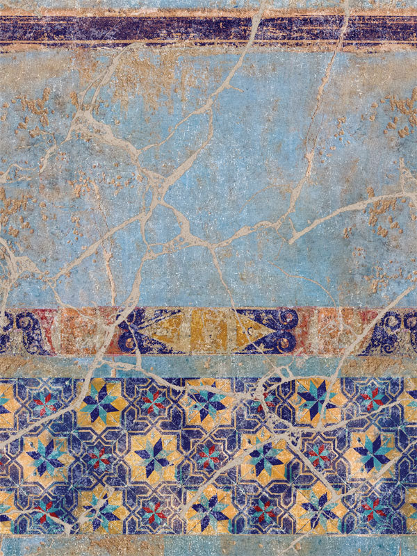 Vintage Mediterranean Tile Photography Backdrop - Mediterranean-inspired tile photography backdrop with distressed blue, yellow, and terracotta patterns, perfect for portrait photoshoots.