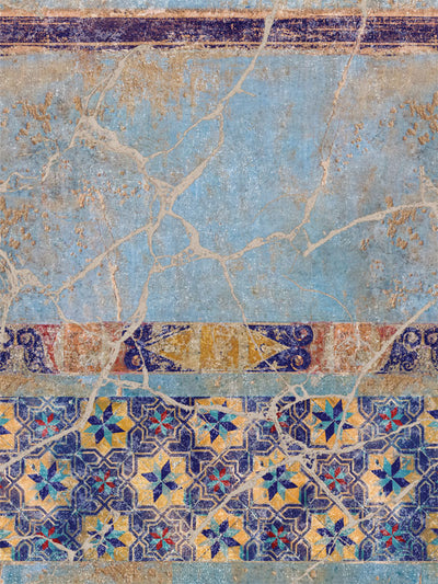 Vintage Mediterranean Tile Photography Backdrop - Mediterranean-inspired tile photography backdrop with distressed blue, yellow, and terracotta patterns, perfect for portrait photoshoots.