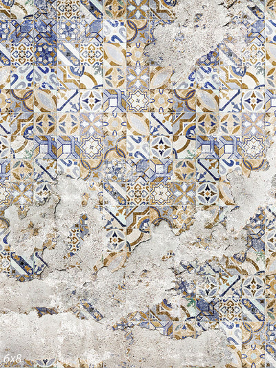 Vintage Mosaic Tile Photography Backdrop - A vintage mosaic tile photography backdrop with intricate blue, gold, and white patterns and a distressed finish.
