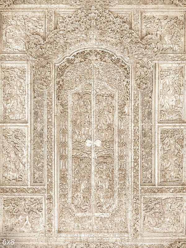 Vintage Ornate Door Photography Backdrop - Ornate vintage door backdrop with detailed carvings in beige and ivory for elegant photoshoots.