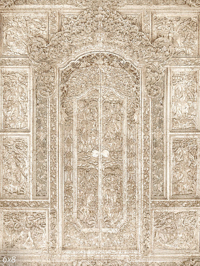 Vintage Ornate Door Photography Backdrop - Ornate vintage door backdrop with detailed carvings in beige and ivory for elegant photoshoots.