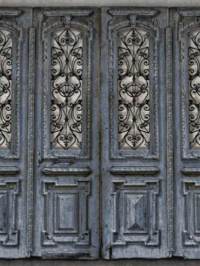 Vintage Ornate Door Photography Backdrop - Vintage ornate door photography backdrop with detailed iron scrollwork and a weathered, distressed look. Perfect for fashion, portraits, and product photography.