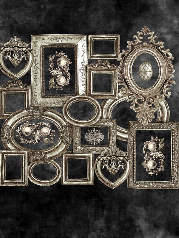 Vintage Ornate Frame Collage Photography Backdrop - Vintage frame collage photography backdrop featuring ornate gold and silver frames on a dark background.