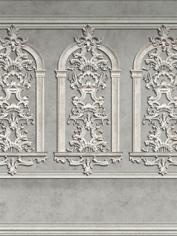 Vintage Ornate Grey Wall Photography Backdrop - Vintage ornate grey wall photography backdrop with intricate baroque-style designs, perfect for sophisticated portrait sessions.