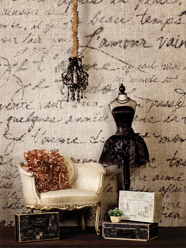 Vintage Parisian Fashion Photography Backdrop - Vintage Parisian fashion photography backdrop with French script, a mannequin, and vintage furniture, ideal for editorial, portrait, and product photography.