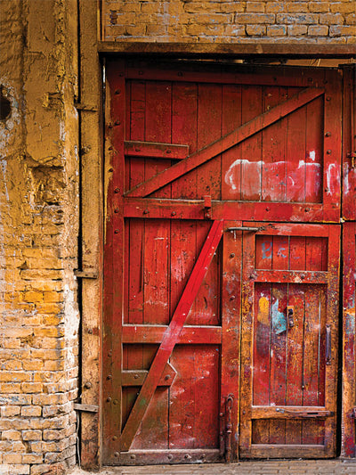 Vintage Red Barn Door Photography Backdrop - A vintage red barn door with weathered wood and industrial metal accents, perfect for rustic and country-themed photography.