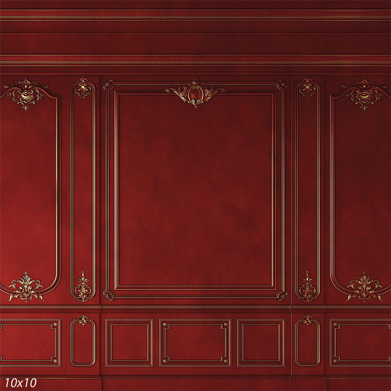 A vintage-style deep red photography backdrop with intricate gold detailing, perfect for classic portrait photography.