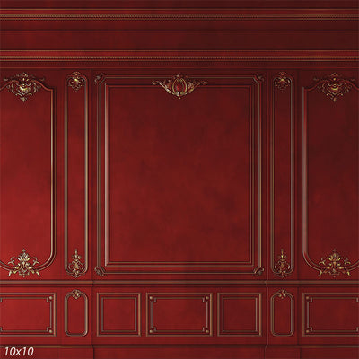 A vintage-style deep red photography backdrop with intricate gold detailing, perfect for classic portrait photography.