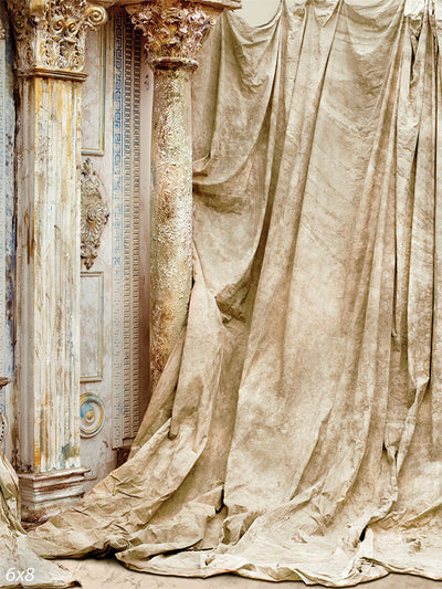 Vintage Roman Pillar Photography Backdrop - Photography backdrop with vintage Roman pillars and draped beige fabric, perfect for timeless and elegant photoshoots.