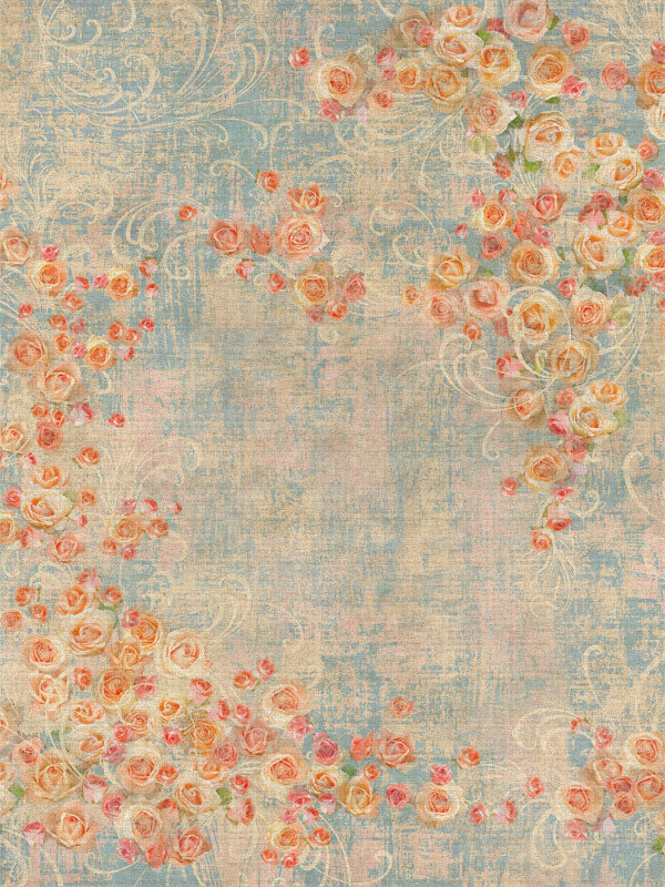 Vintage Rose Garden Photography Backdrop - Romantic vintage rose-themed photography backdrop with soft pink, peach, and cream roses against a blue distressed background, perfect for professional photoshoots.