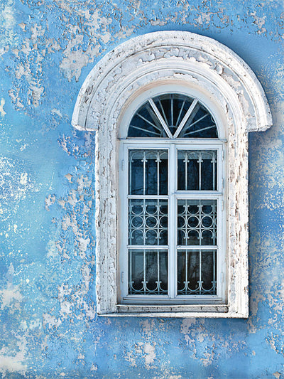 Vintage Rustic Blue Window Photography Backdrop - Vintage rustic blue window photography backdrop with a distressed blue wall and weathered white arched window for professional use.