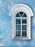 Vintage Rustic Blue Window Photography Backdrop - Vintage rustic blue window photography backdrop with a distressed blue wall and weathered white arched window for professional use.