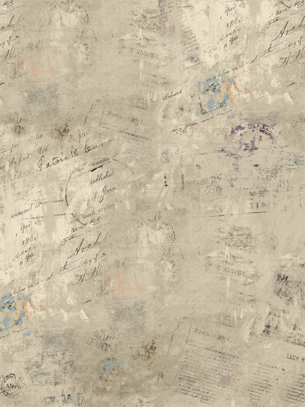 Vintage Script and Stamps Photography Backdrop - Vintage script photography backdrop featuring faded handwriting and postal stamps on a weathered background, perfect for vintage-themed photoshoots.