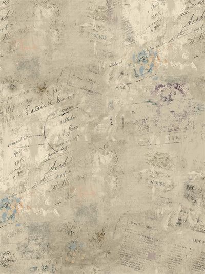 Vintage Script and Stamps Photography Backdrop - Vintage script photography backdrop featuring faded handwriting and postal stamps on a weathered background, perfect for vintage-themed photoshoots.