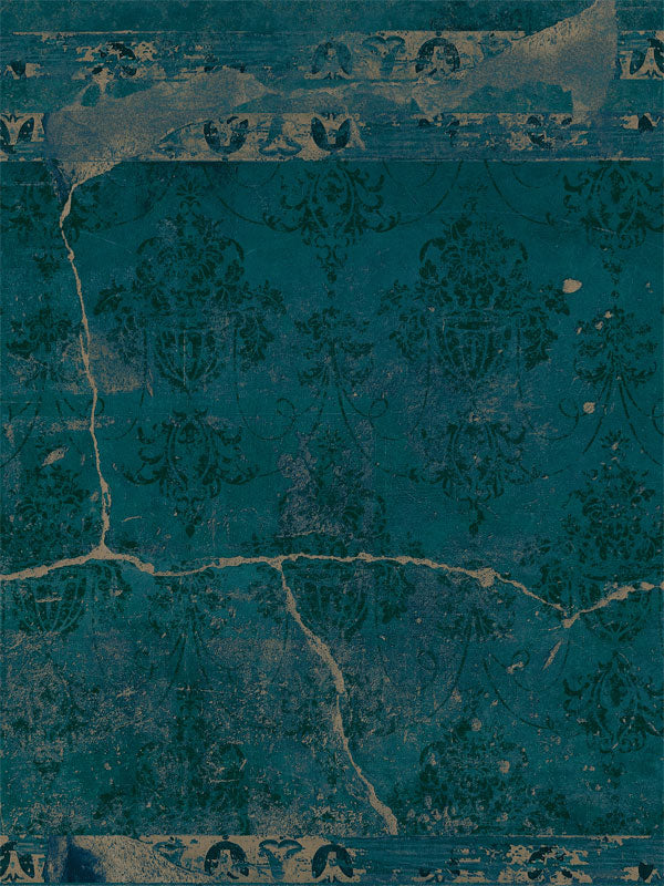 Vintage Teal Damask Photography Backdrop -  Distressed teal damask photography backdrop with vintage detailing, perfect for elegant and nostalgic-themed photoshoots.