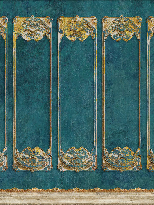 Vintage Teal and Gold Ornate Photography Backdrop - A vintage-inspired photography backdrop featuring a teal background with intricate gold ornate detailing, perfect for elegant and classic photoshoots.