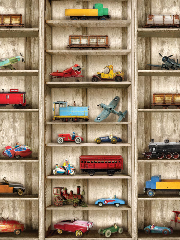 Vintage Toy Display Photography Backdrop - Photography backdrop featuring vintage toy cars, planes, and trains displayed on rustic wooden shelves. Perfect for child or retro-themed photoshoots.