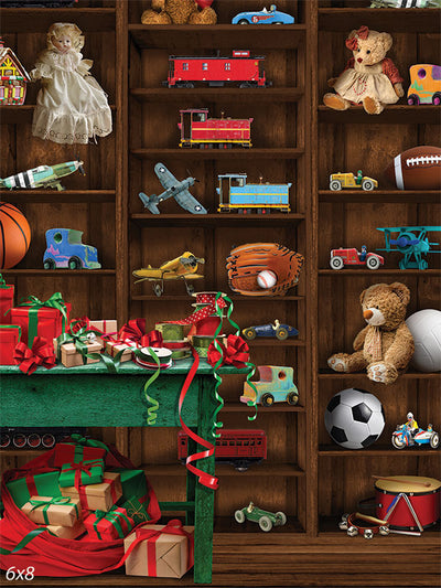 Vintage Toy Shop Photography Backdrop - Photography backdrop featuring a vintage toy shop with wooden shelves filled with classic toys and a table with wrapped gifts.