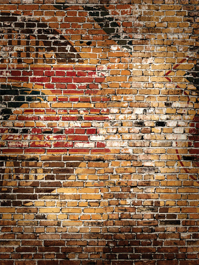 Vintage Urban Graffiti Brick Wall Photography Backdrop - Photography backdrop featuring a rustic brick wall with faded graffiti in muted reds, yellows, and dark tones, perfect for urban-themed photoshoots.