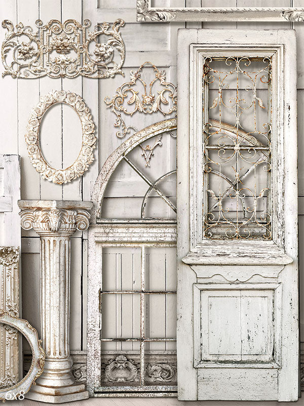 Vintage White Distressed Frames and Décor Photography Backdrop - Vintage white distressed frames and décor photography backdrop for vintage and classic-themed photoshoots.