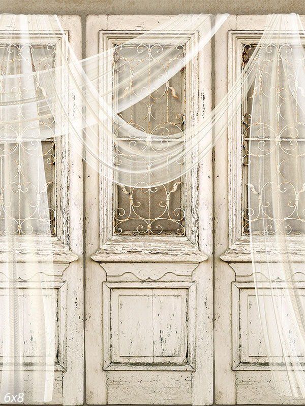 Vintage White Door Photography Backdrop - Vintage white door photography backdrop featuring antique doors with intricate ironwork and flowing curtains.